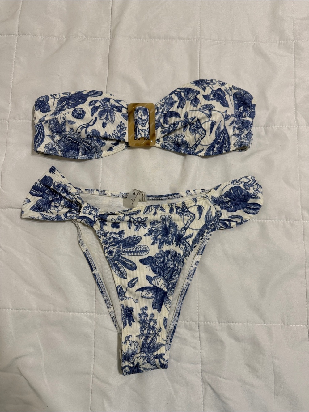 White & Blue Floral Bandeau Bikini Set
